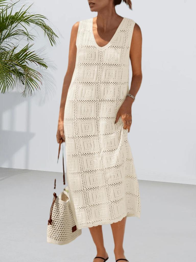 Damen Häkelstrick V-Ausschnitt Ärmellos Midi Kleid Boho Strand Überwurf