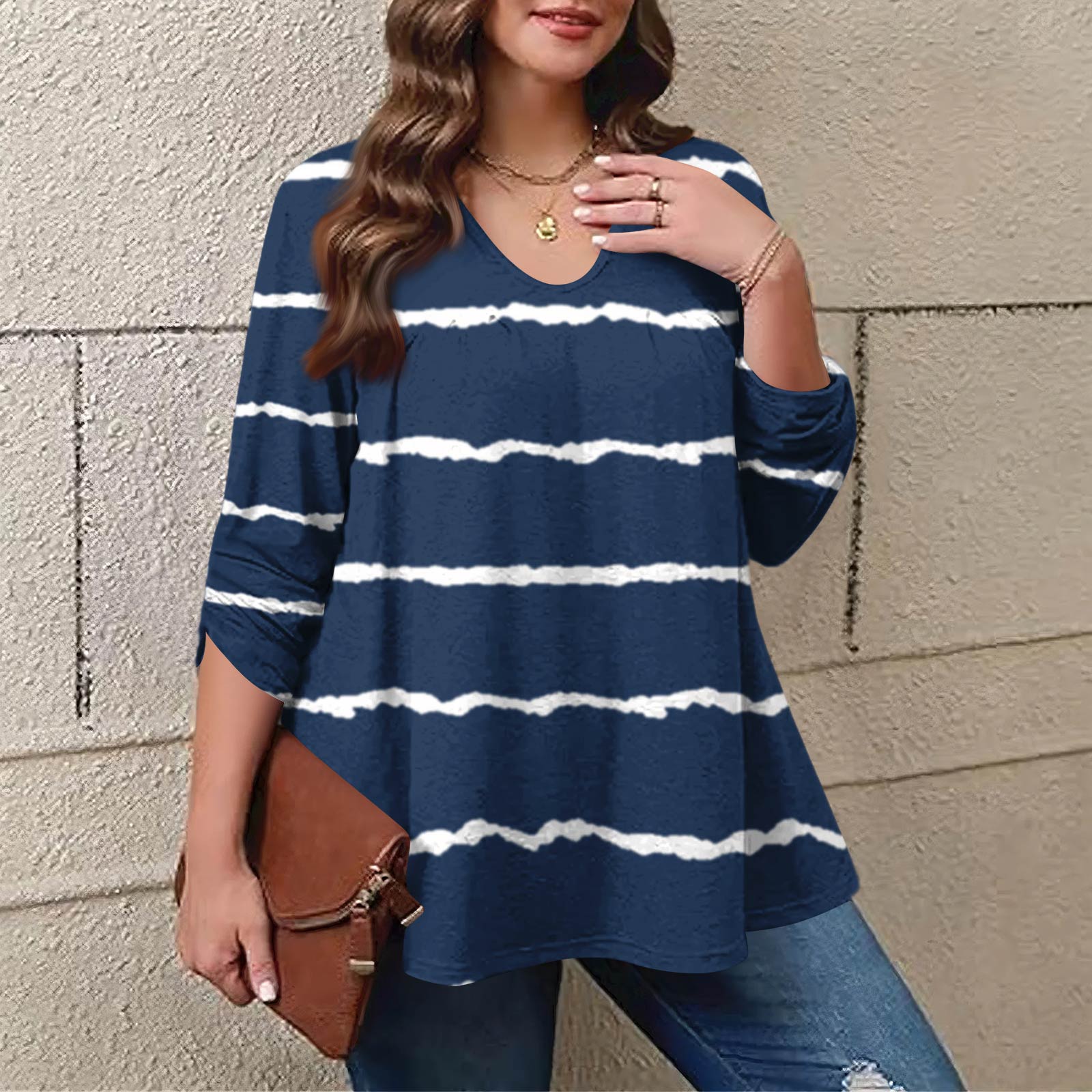 

Женский модный топ большого размера с принтом, повседневный плиссированный, с круглым вырезом и длинными рукавами XXXL