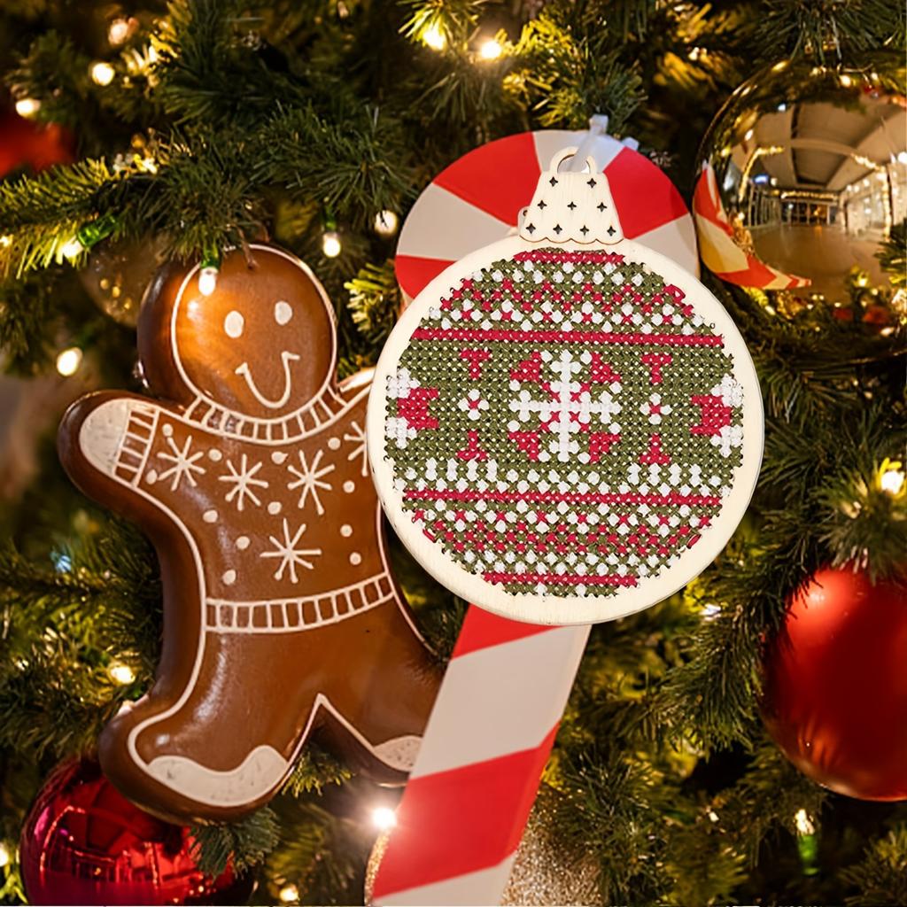 Wooden Christmas Cross Stitch Pendants, 3D Embroidery Ornament DIY Crafts, Festive Tree Decorations  Ribbon and Thread, Artistic Needlework Supplies