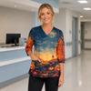 Women's Halloween Print V Neck Medical Scrub Top with Pockets Side Slits and Three Quarter Sleeves Suitable for Healthcare Professionals
