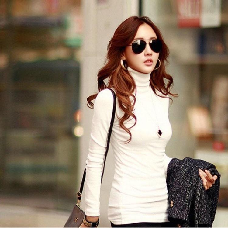 Women Stretch Cotton Turtleneck Long Sleeve Blouse Base Tops