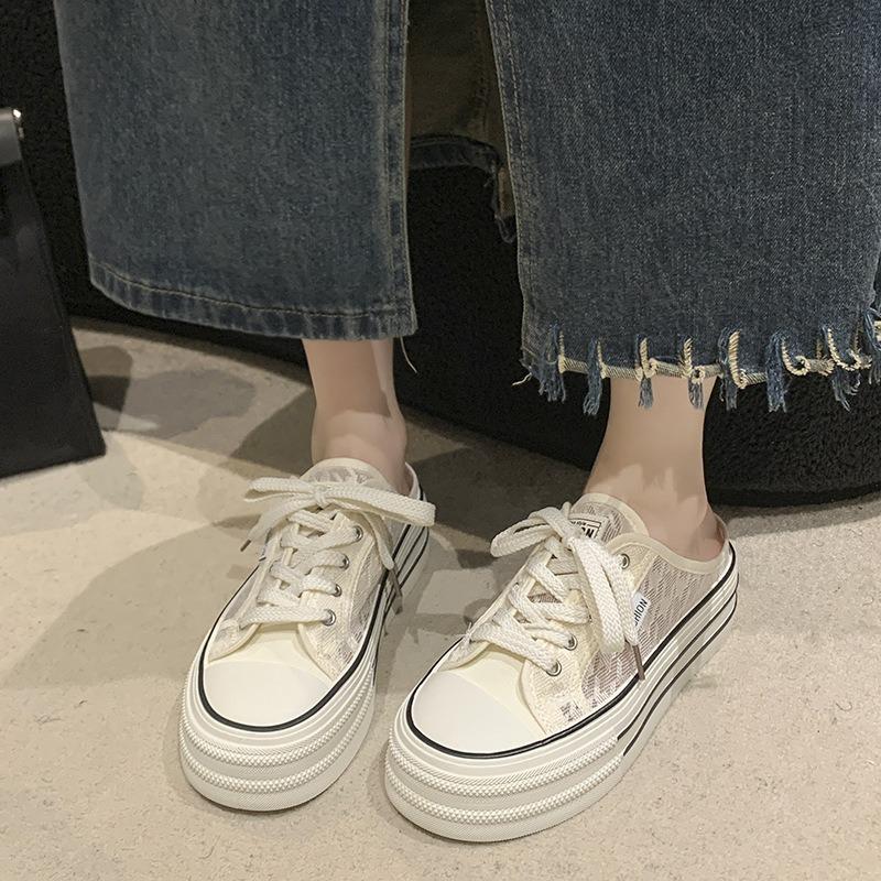 Fashion Summer Women's Shoes Breathable Canvas Slippers Fashion Platform Height Increasing Shoes for Women Casual BaoTou Half Slippers