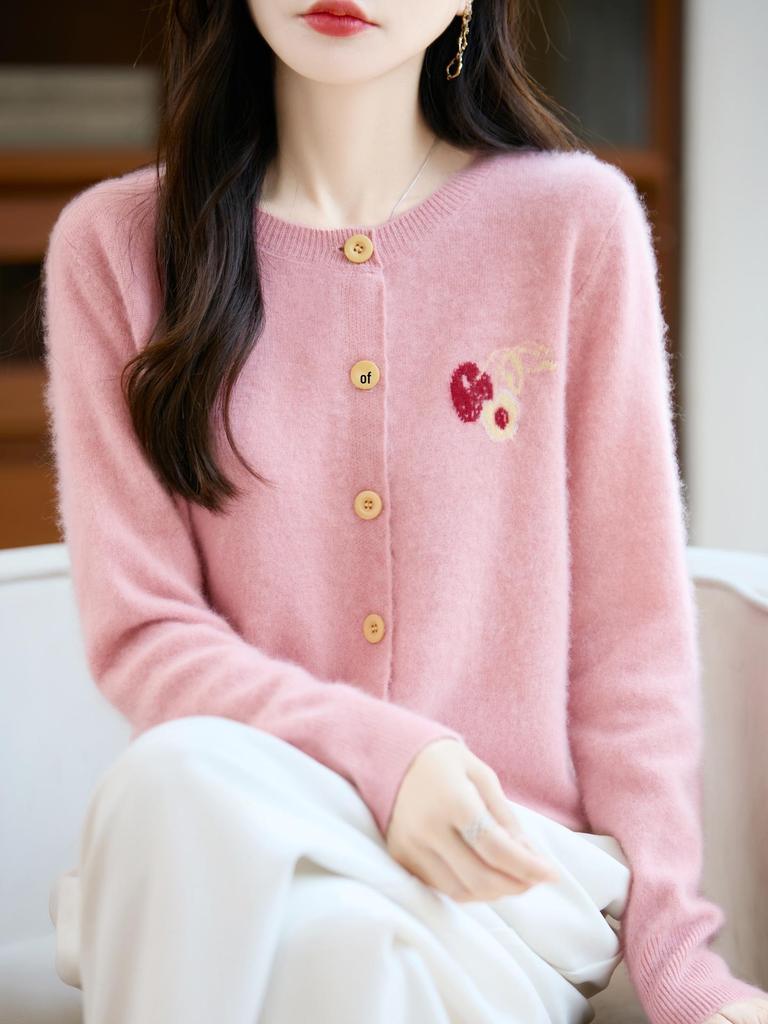 Cherry Embroidery Women's Wool Cardigan: Age-Reducing, Round Neck, Autumn/Winter Casual Knit Sweater Coat Design.