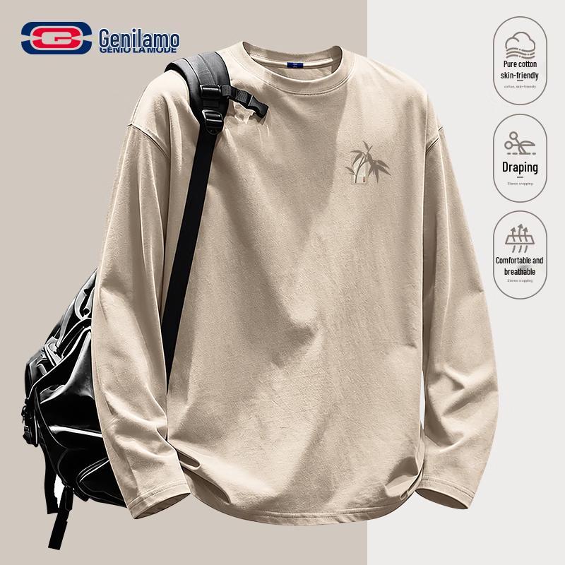 GENIOLAMODE Men's National Trend Bamboo Leaf Long Sleeve T-shirt