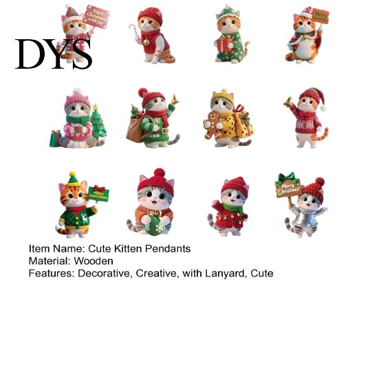 Seasonal Home Decoration Accessories Cute Kitten Christmas Tree Hanging Ornaments with Lanyards, Wooden Cat Animal Pendants, Decorative Charms