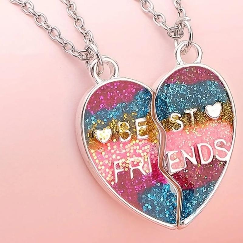 2Pcs/Set Colorful Heart Pendant Necklace for Girl Cartoon Love Pendants Best Friend Shared Jewelry BFF Gifts