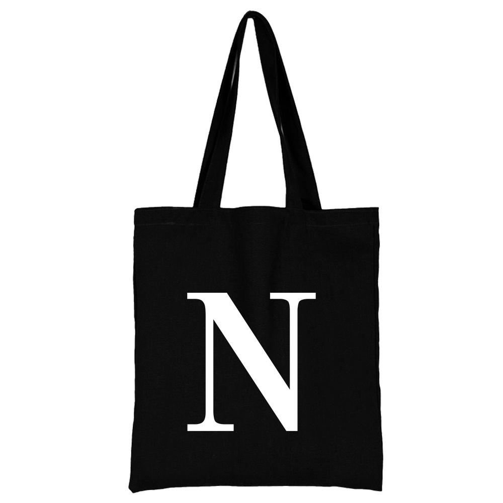 Women's Black Shopping Bag Casual Large-capacity White Letters Initial Name Pattern Printing Series Canvas Shoulder Bag Reusable