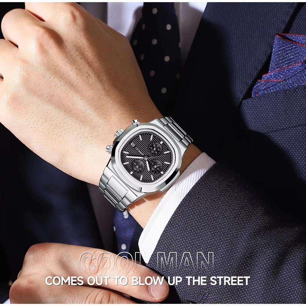 Herrenuhren, luxuriöse, sportliche Chronographen-Armbanduhren für Herren, Quarz-Edelstahlband, Uhr mit Leuchtzeigern