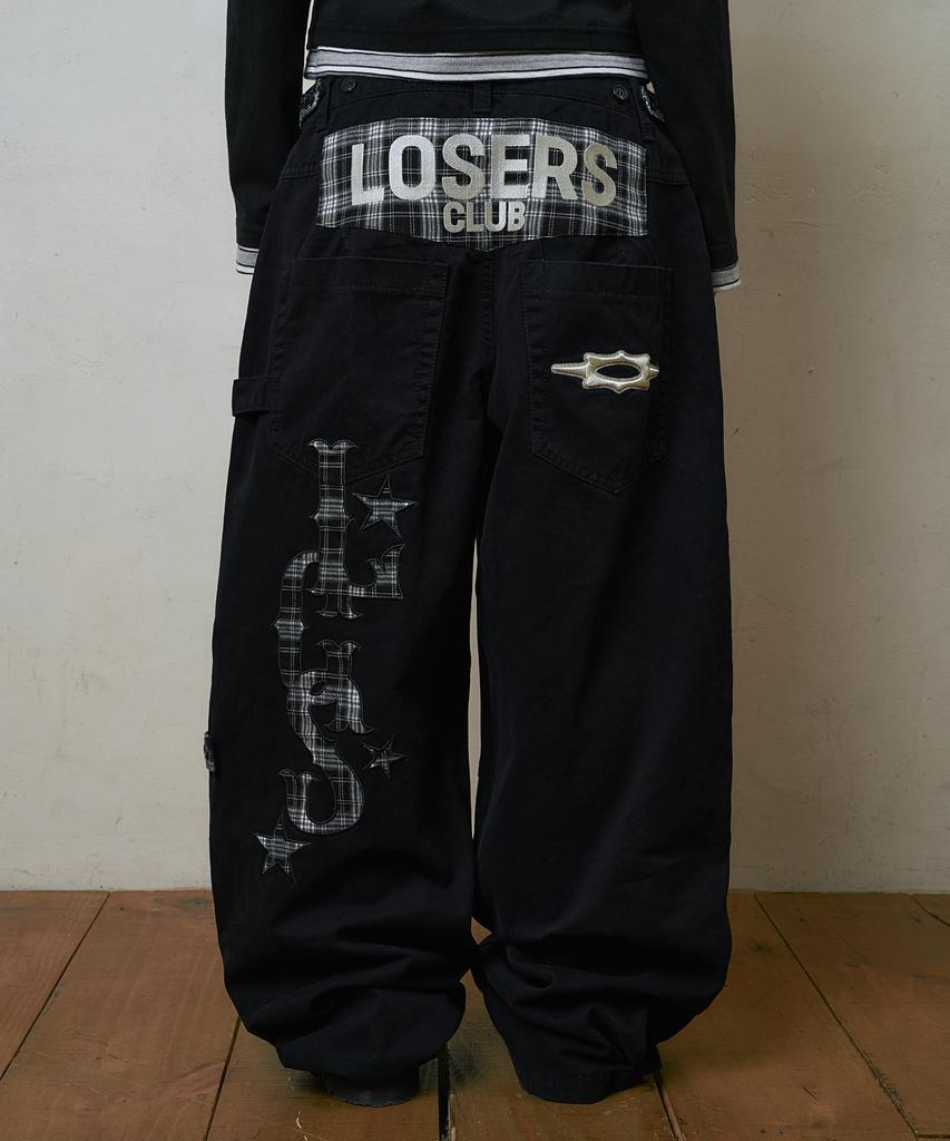 Lujeoseukeulleob Check Patch Wide Cotton Pants Black