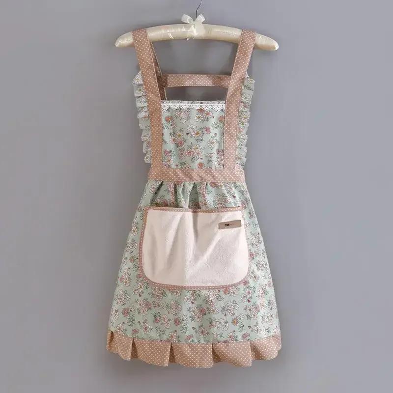 1PC Female Lovely Floral Canvas Apron Kitchen Oilproof Anti Fouling Cooking Apron with Pocket Adjustable Workwear Apron