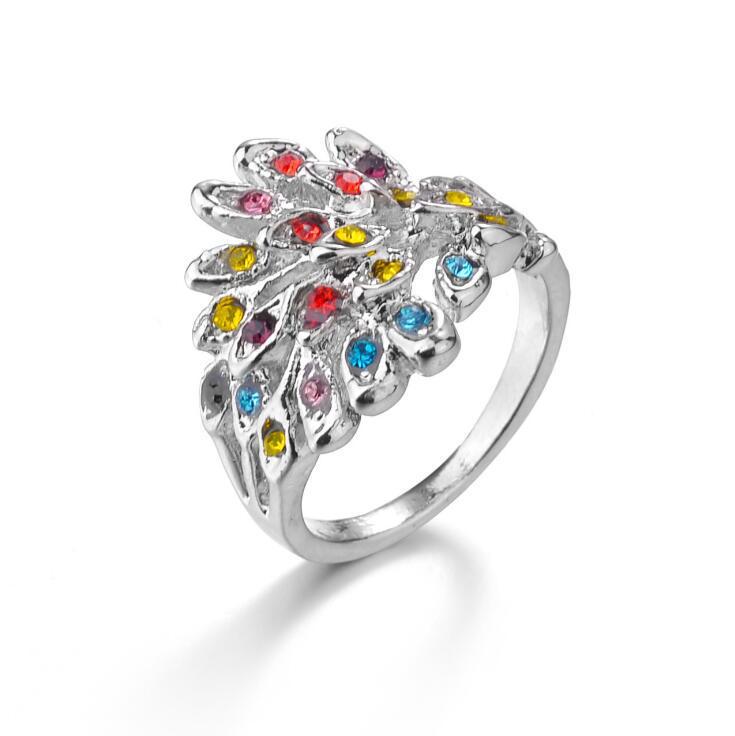 Colorful Peacock Feather Ring with Rhinestones – European and American Style Size 9