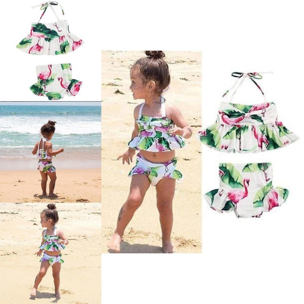 Charming 2pcs Girls Ruffle Floral Bikinis Set Featuring Adorable Flamingo Design
