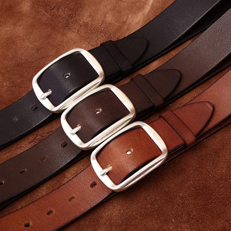 American Retro Silver-Plated Steel Buckle Belt Men'S Genuine Leather First Layer Cowhide Simple Versatile Casual Jeans Belt Men