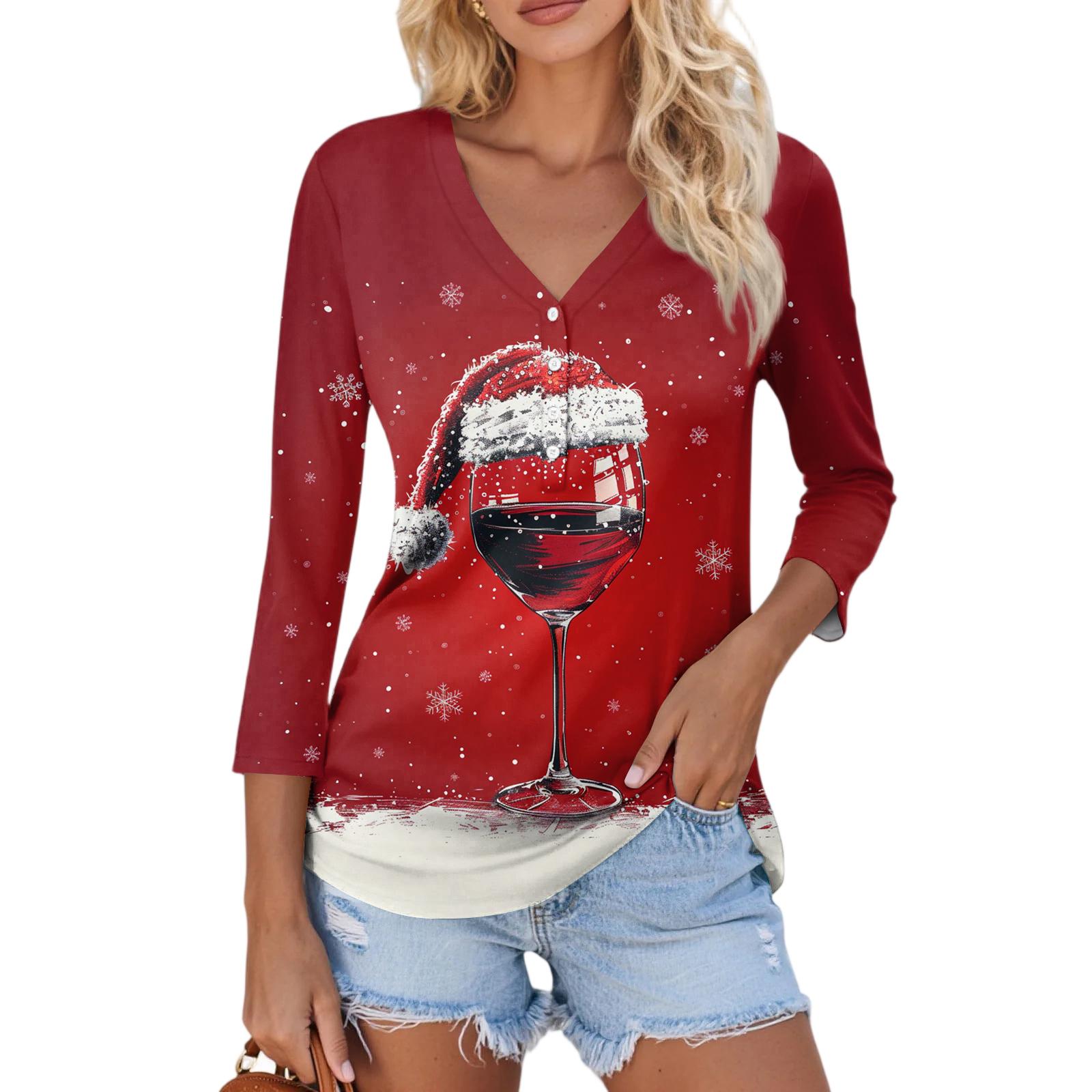 

Женский повседневный модный сексуальный удобный топ с V-образным вырезом и принтом на Рождество, с рукавом три четверти на пуговицах XL винный