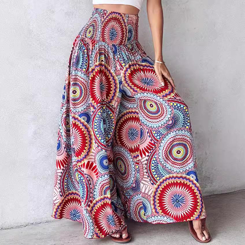 2024 Retro Floral Print Waist-Cinching Wide-Leg Pants for European and American Women