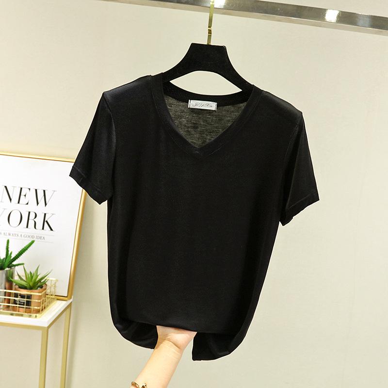 New Summer V-Neck Women's Loose Fit Modal T-Shirt - Solid Color, Short Sleeve Basic Top
