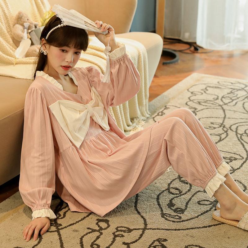 Tiruxin Women's Ribbed Long Sleeve Pajama Set - Retro Princess Court Style