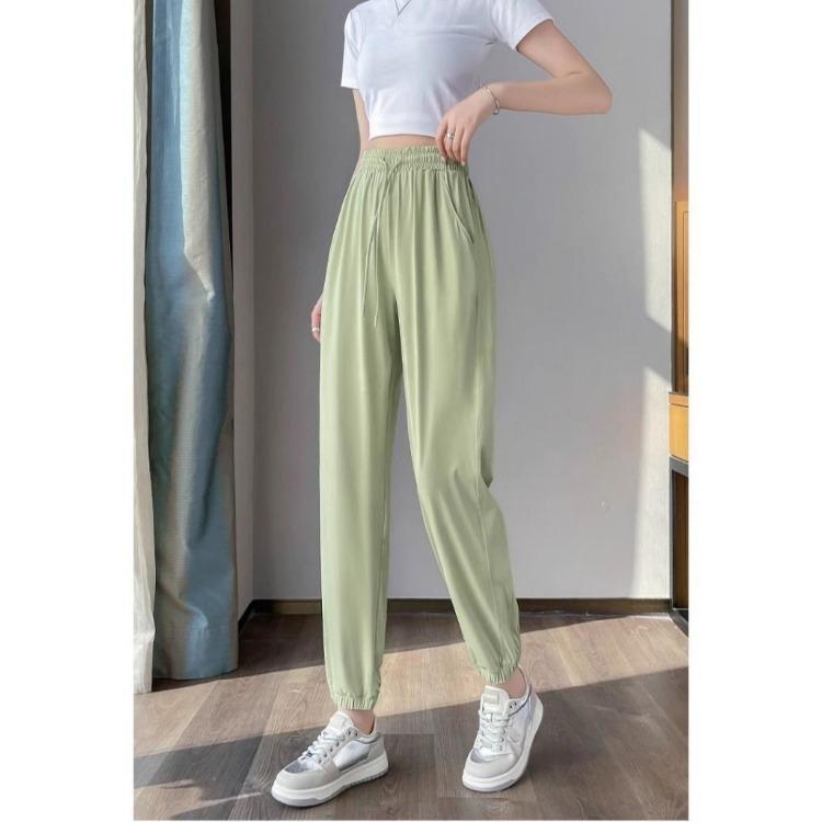 Womens Ice Silk Summer Sports Pants High Waist Straight Leg Ankle Cuff Sun Protection Workout Trousers