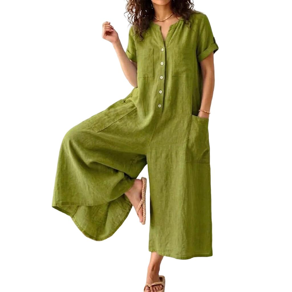 Women's Solid Color Short Sleeve Loose Fit Jumpsuit with Pockets Casual One Piece Romper for Daily Wear