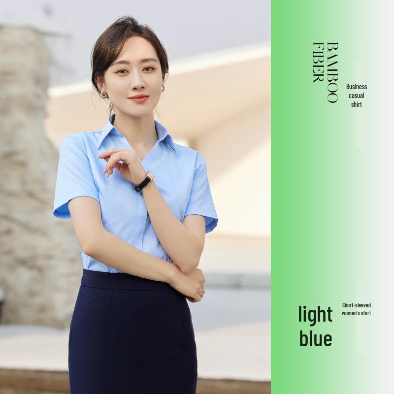 Damen Rosa V-Ausschnitt Bambusfaser Stretch Shirt - Gestickte Formelle Kleidung für Büro, Verkauf und Hotel Rezeption
