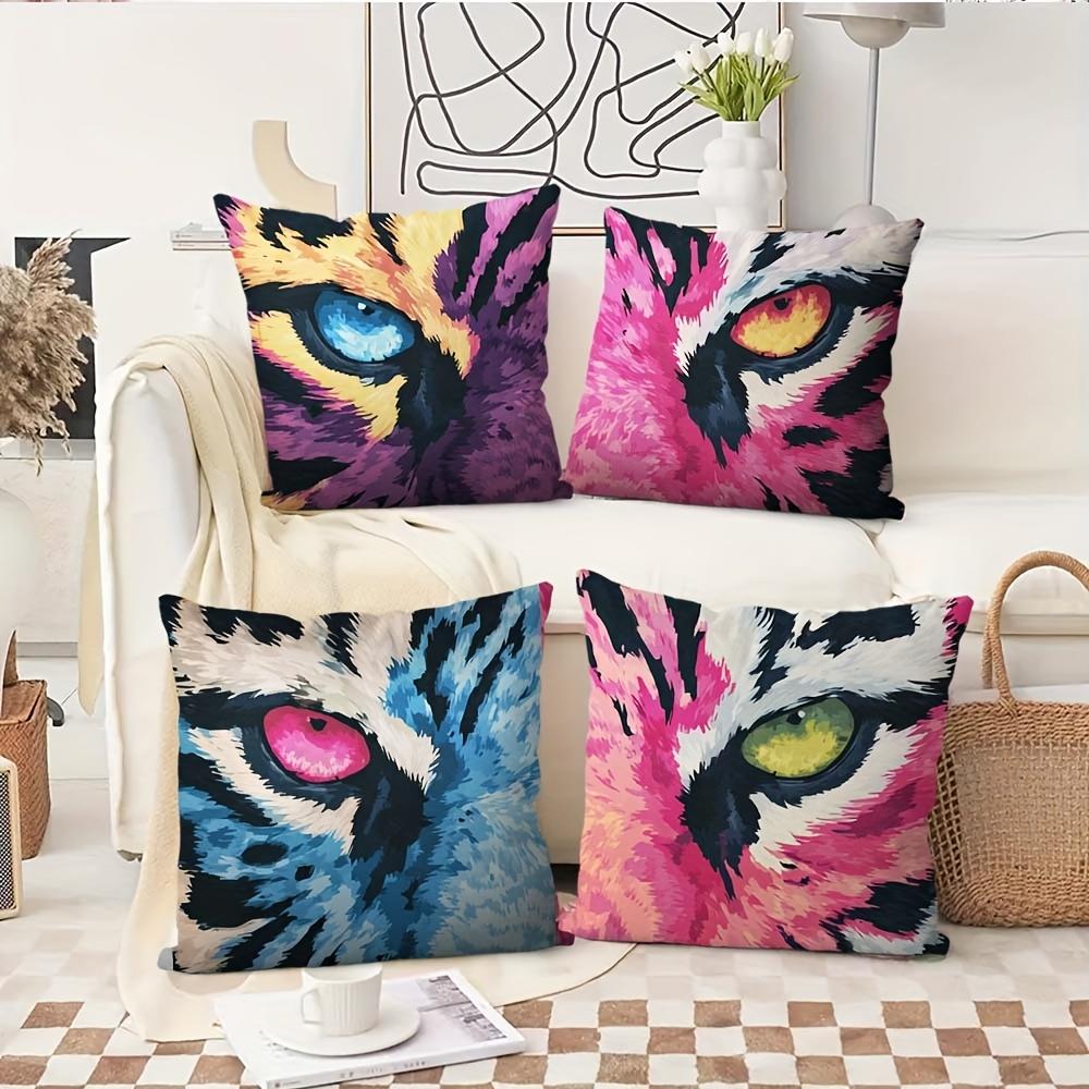 Vibrant Animal Eye Close-Up Throw Pillow Covers, Colorful Tiger Eye Print Cushion Cases Bold Wildlife Home Decor For Living Room