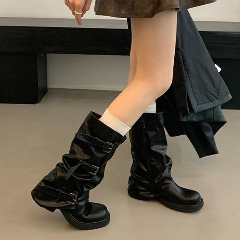 Belt Buckle Sleeve Boots Fashion Round Toe Waterproof Non-slip Block Heel Resistant Mid-leg Boots