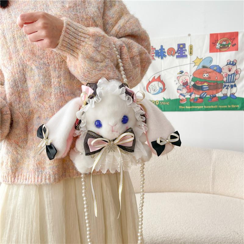 Japanese Lolita Loli Girl Plush Doll Rabbit Bag Student Crossbody Bag Pearl Chain Bag