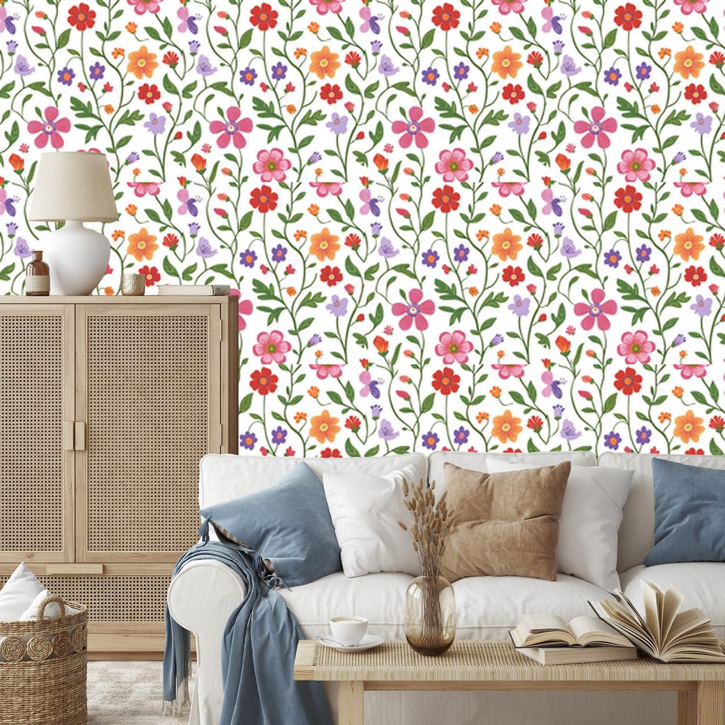 Flowers and Leaves Wallpaper White, Light Gray and Lime 50x1000