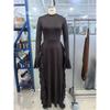 Abito Casual Elegante da Donna Europeo Americano a Vita Alta Monocolore con Maniche a Campana Abito Lungo Maniche Lunghe