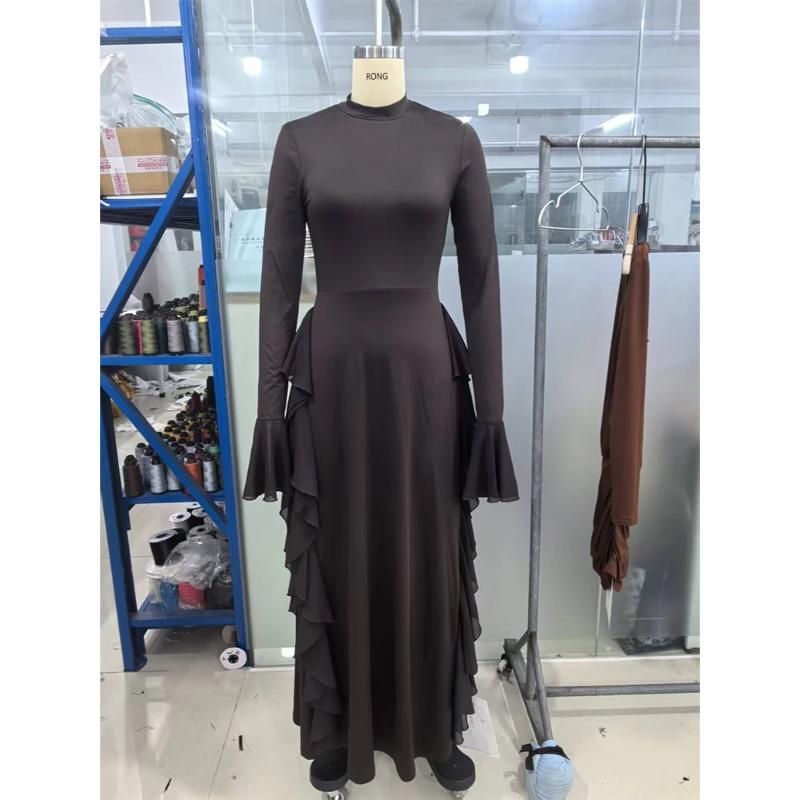 Abito Casual Elegante da Donna Europeo Americano a Vita Alta Monocolore con Maniche a Campana Abito Lungo Maniche Lunghe