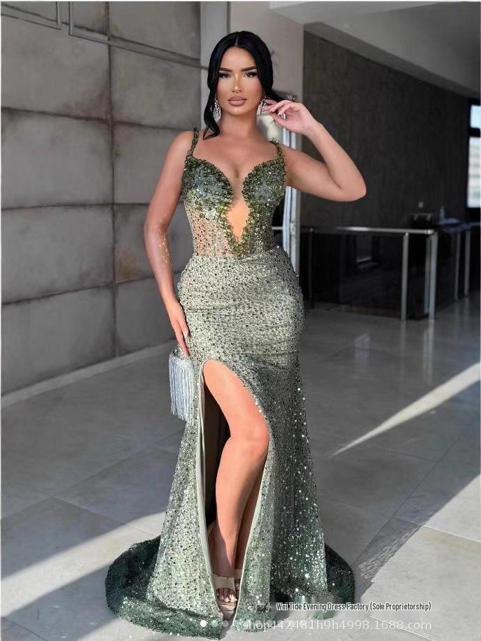 

Зеленое вечернее платье бодикон с V-образным вырезом, бисером, пайетками и разрезом Medium ярко-зеленый