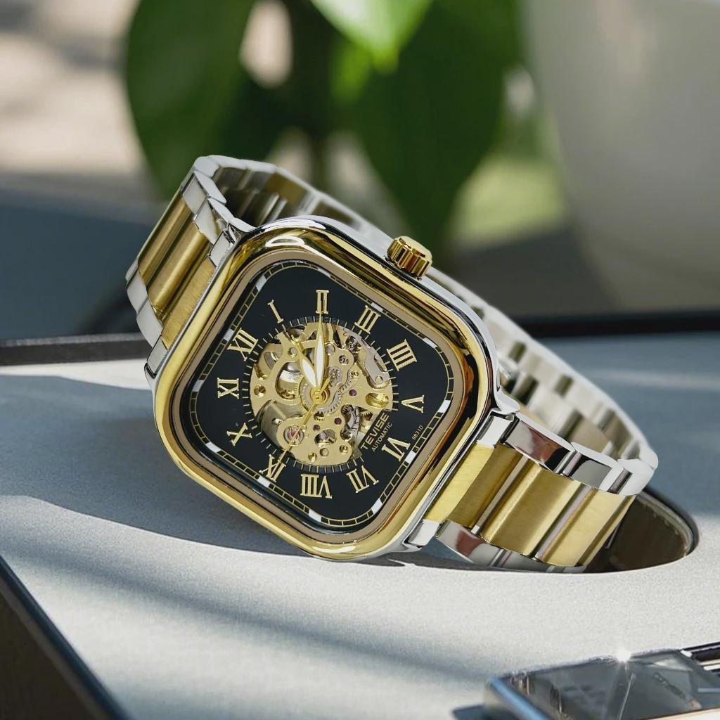 TEVISE Luminous Square Hollow Dial Men's Stainless Steel Waterproof Automatic Mechanical Watch Fashion Business Skeleton Watches