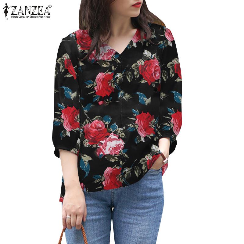 

ZANZEA Женская повседневная блузка с v-образным вырезом и рукавами 3/4 с цветочным принтом 3XL белый