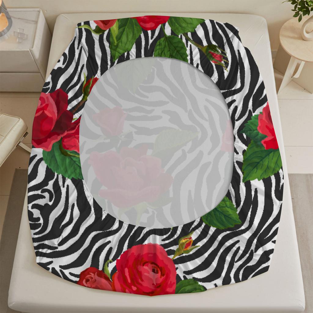 3pcs Fitted Sheet Set Zebra Stripes With Red Roses Easy Care Durable Bed Sheet With Pillowcases For Bedroom Decor