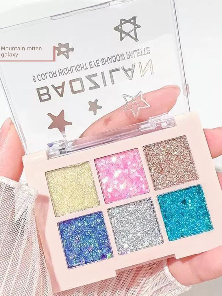 Korean-Style 6-Color Eyeshadow with a Sparkling, Pearlescent Glitter Highlighter for Students' Performances, Dazzling Makeup