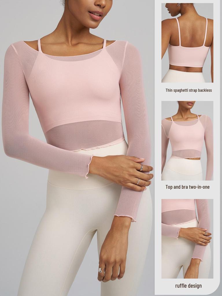 Joomon Mesh Yoga Set: Two-Piece Long Sleeve Quick-Dry Camisole with Integrated Cup Sports Bra