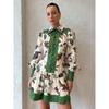 New Printed Lapel Dress Casual Peacock Flower Printed Mini Pleated Dress Women Long Lantern Sleeve Fashion Holiday Dresses Summer Loose Robe