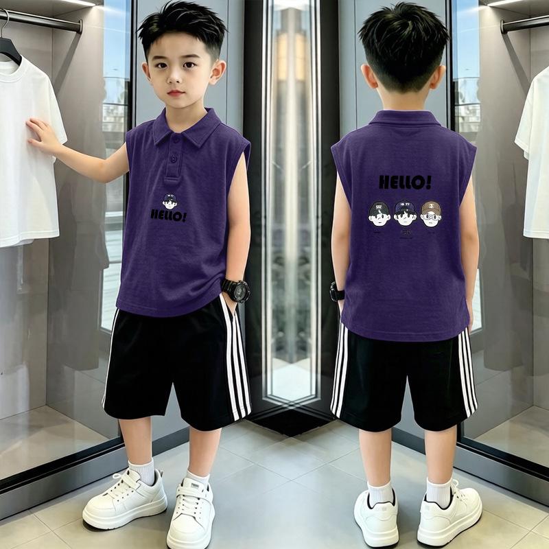 Boys' Trendy Cotton Polo Shirt and Vest Set - Sleeveless Lapel T-shirt, Summer Two-Piece In Medium & Large Sizes
