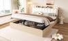Wooden bed 180 × 200 cm, hydraulic frame, storage space, upholstered headrest, headboard, shelf, compartment, USB port, night light, wood colour