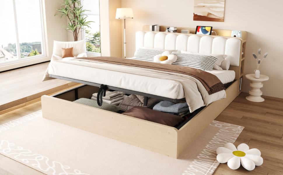Wooden bed 180 × 200 cm, hydraulic frame, storage space, upholstered headrest, headboard, shelf, compartment, USB port, night light, wood colour