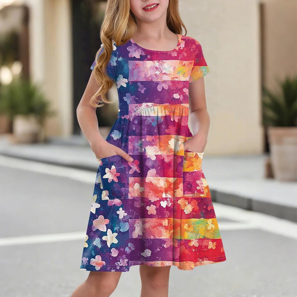 Children's Round-Neck Short-Sleeved Princess Dress Fashionable And Casual Pocket Girl Independence Day Dress