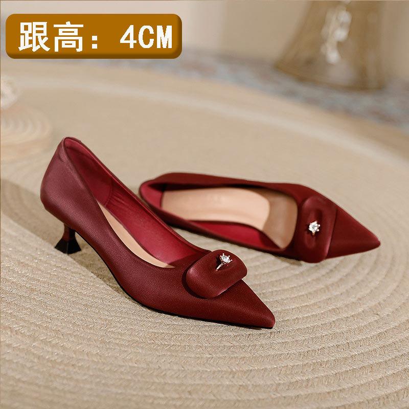 High heels women's thin heels red wedding shoes new small heels soft leather shallow mouth pointed single shoes