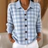 Women Gingham Print Cardigan Lapel Collar Long Sleeve Button Down Casual Knit Sweater