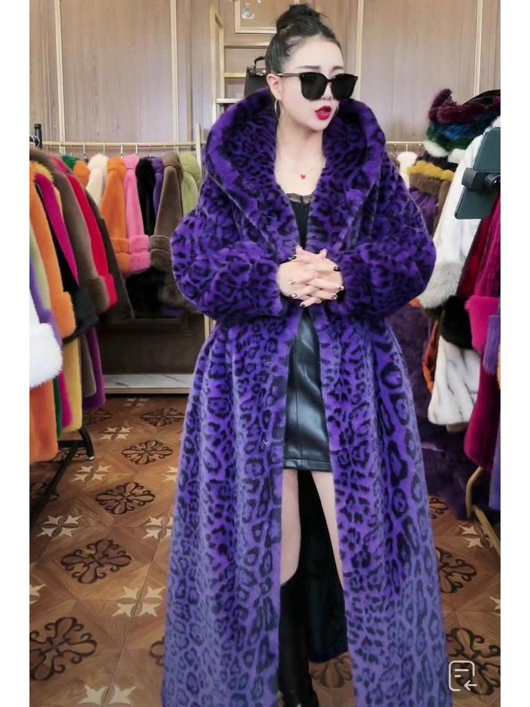 Extra Long Leopard Print Faux Fur Coat - Plus Size Women's Winter Cotton Coat