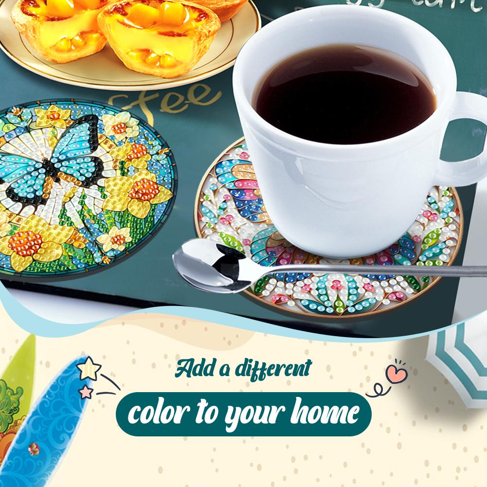 6Pcs/Set Diamond Painting Coasters with Holder DIY Diamond Art Coaster Set Wooden for Beginners Adults Art Craft Supplies