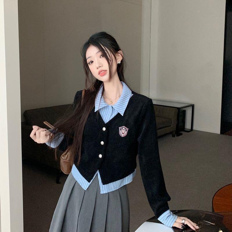 Women's Korean Academy Style Faux Two-Piece Colorblock Polo Shirt - Autumn 2025 New Arrival