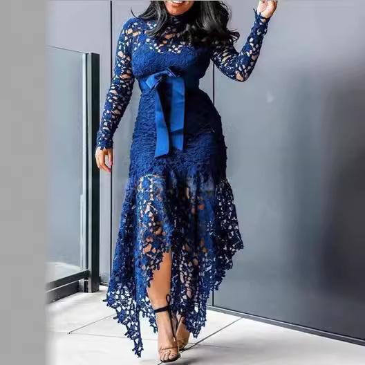 New European and American women's clothing wish lace hollow long-sleeved stand-up collar lace-up 5-color irregular dress