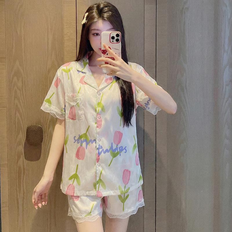 Ice Silk Summer Pajamas Girl Tulip Short-Sleeved Shorts Pure Lust Lace Loungewear Can Be Worn Outside