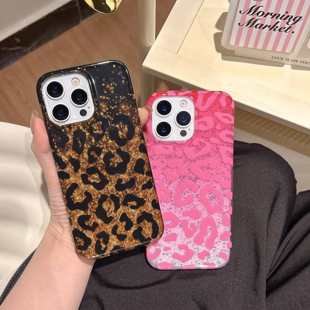 Glitter Sequin European and American Style Leopard Print Compatible with iPhone 16 Pro Max Apple 17 Phone Case 14/15 Double Layer