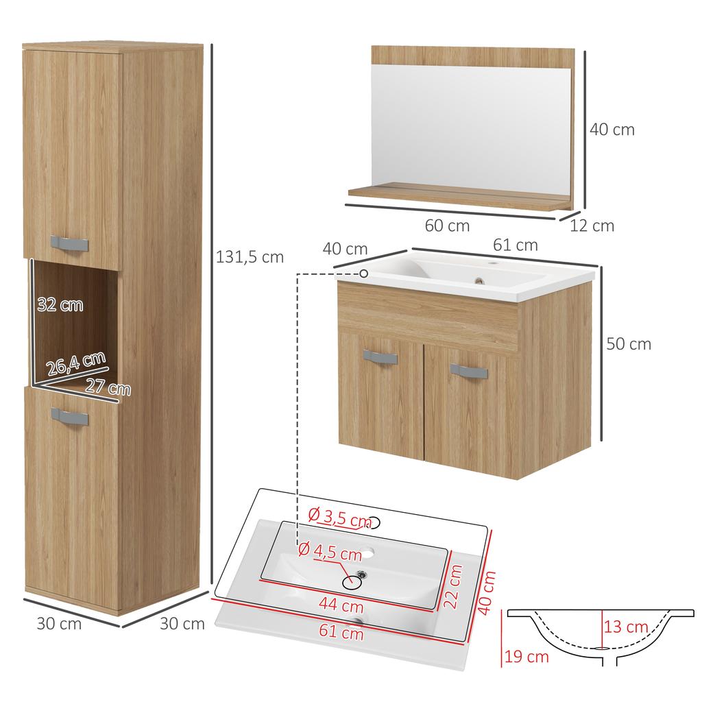 4-Piece Bathroom Furniture Set, Wall-Mounted, with Mirror, Under-Basin Unit, Basin and Tall Cabinet, Natural